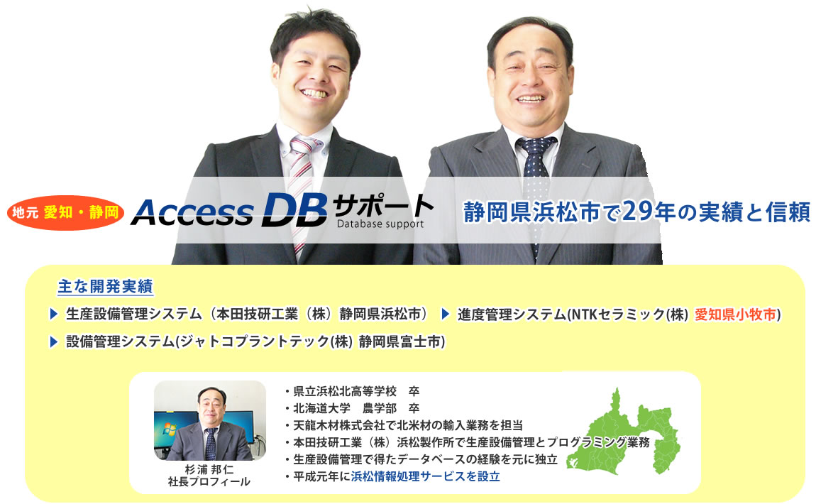 Access DBサポート、地元静岡　静岡県浜松市で29年の実績と信頼　主な開発実績　生産設備管理、陸上選手管理システム、在庫管理システム、バーコード部品管理システム